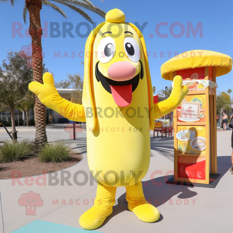Lemon Yellow hot dog mascot costume character dressed with Sweater and Earrings Lemon Yellow hot dog mascot costume character dressed with Sweater and Earrings