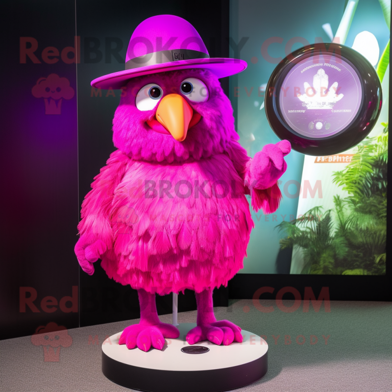 Magenta Kiwi mascot costume character dressed with Circle Skirt and Hat pins