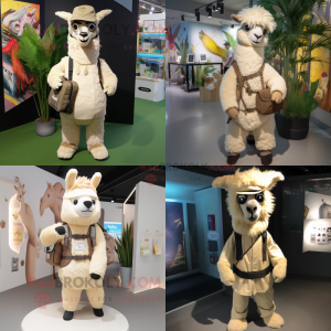 Beige Llama mascot costume character dressed with Playsuit and Backpacks