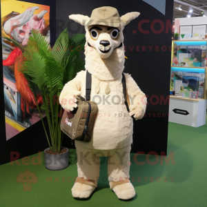 Beige Llama mascot costume character dressed with Playsuit and Backpacks