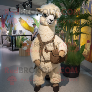 Beige Llama mascot costume character dressed with Playsuit and Backpacks