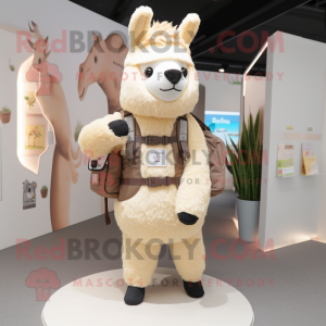 Beige Llama mascot costume character dressed with Playsuit and Backpacks