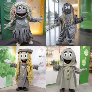Gray Pesto Pasta mascot costume character dressed with Raincoat and Necklaces