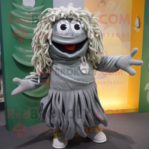Gray Pesto Pasta mascot costume character dressed with Raincoat and Necklaces