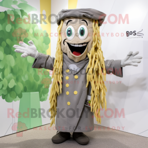 Gray Pesto Pasta mascot costume character dressed with Raincoat and Necklaces