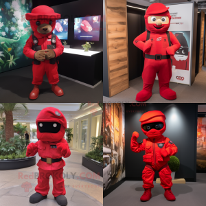 Red Commando mascot costume character dressed with Playsuit and Pocket squares
