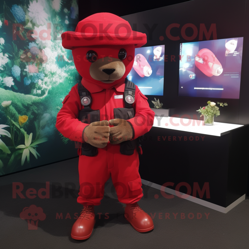 Red Commando mascot costume character dressed with Playsuit and Pocket squares