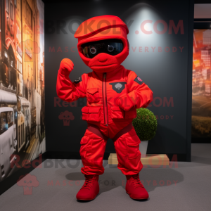 Red Commando mascot costume character dressed with Playsuit and Pocket squares
