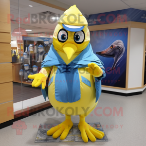 Lemon Yellow Blue jay mascot costume character dressed with Romper and Shawl pins