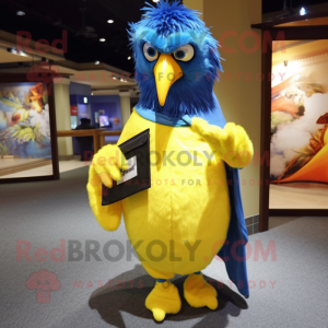Lemon Yellow Blue jay mascot costume character dressed with Romper and Shawl pins