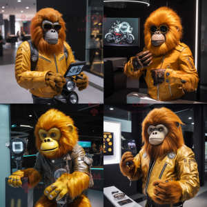 Gold Orangutan mascot costume character dressed with Biker Jacket and Smartwatches