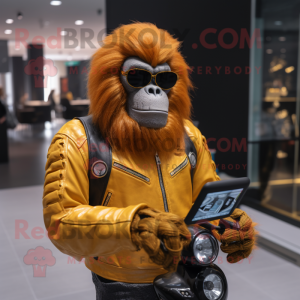 Gold Orangutan mascot costume character dressed with Biker Jacket and Smartwatches