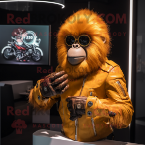 Gold Orangutan mascot costume character dressed with Biker Jacket and Smartwatches