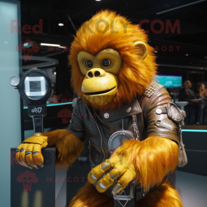 Gold Orangutan mascot costume character dressed with Biker Jacket and Smartwatches
