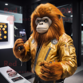 Gold Orangutan mascot costume character dressed with Biker Jacket and Smartwatches