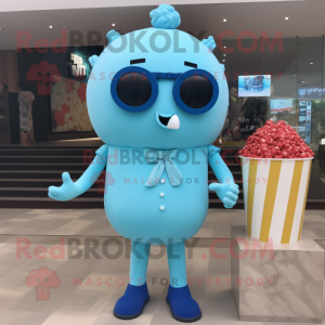 Sky Blue Pop corn mascot costume character dressed with One-Piece Swimsuit and Tie pins