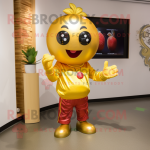 Gold Plum mascot costume character dressed with Skinny Jeans and Bracelets