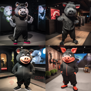 Black Pig mascot costume character dressed with Joggers and Headbands