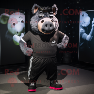 Black Pig mascot costume character dressed with Joggers and Headbands