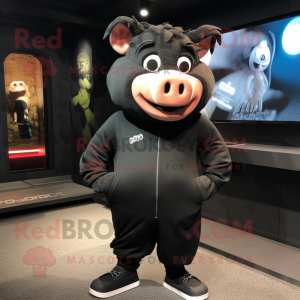 Black Pig mascot costume character dressed with Joggers and Headbands