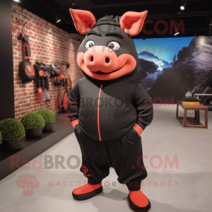 Black Pig mascot costume character dressed with Joggers and Headbands