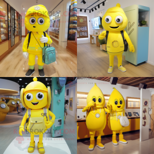 Lemon Yellow Phone mascot costume character dressed with Overalls and Backpacks