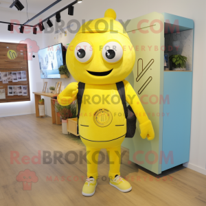 Lemon Yellow Phone mascot costume character dressed with Overalls and Backpacks