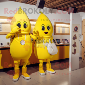 Lemon Yellow Phone mascot costume character dressed with Overalls and Backpacks