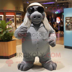 Gray Walrus mascot costume character dressed with Graphic Tee and Sunglasses