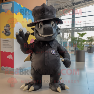 Black Stegosaurus mascot costume character dressed with Chinos and Hat pins