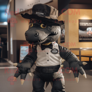 Black Stegosaurus mascot costume character dressed with Chinos and Hat pins