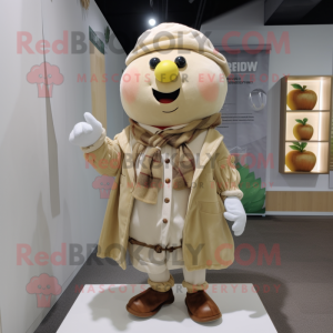 Cream Apple mascot costume character dressed with Flannel Shirt and Shawl pins
