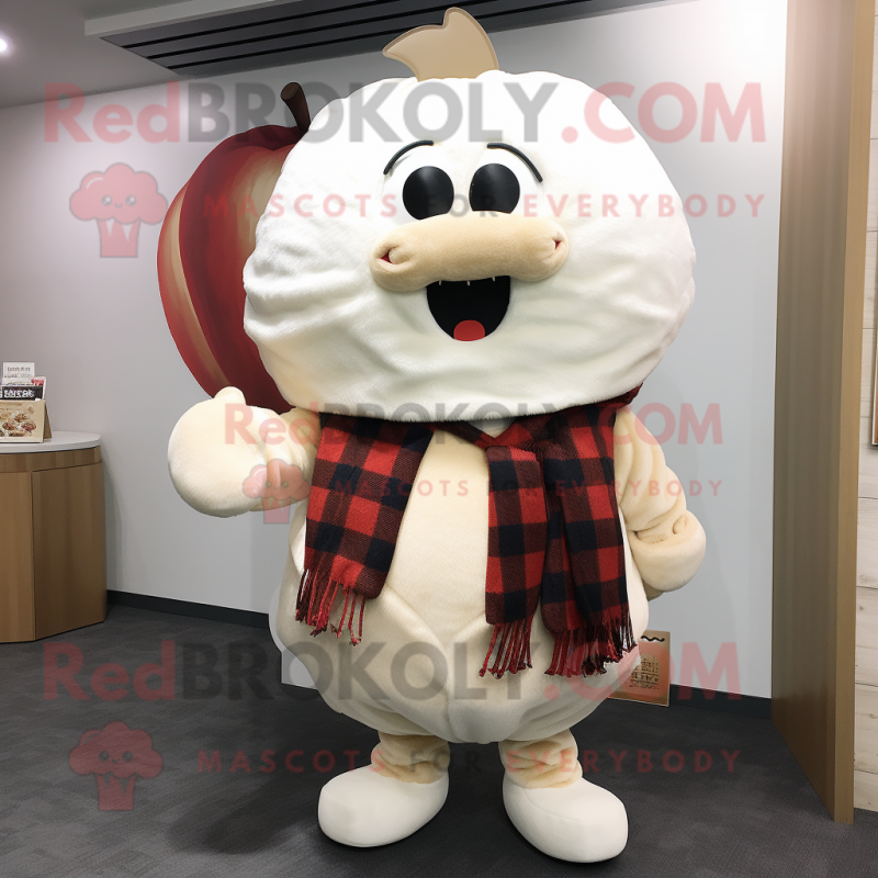 Cream Apple mascot costume character dressed with Flannel Shirt and Shawl pins