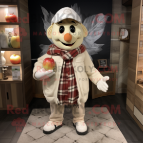 Cream Apple mascot costume character dressed with Flannel Shirt and Shawl pins