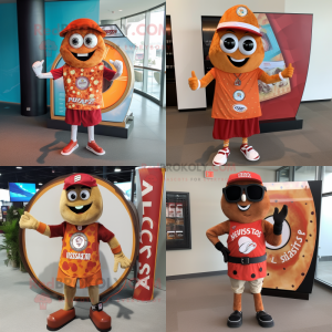 Rust pizza slice mascot costume character dressed with Board Shorts and Bracelet watches