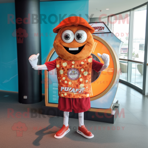 Rust pizza slice mascot costume character dressed with Board Shorts and Bracelet watches