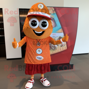 Rust pizza slice mascot costume character dressed with Board Shorts and Bracelet watches