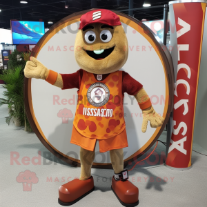 Rust pizza slice mascot costume character dressed with Board Shorts and Bracelet watches