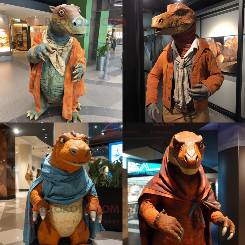 Rust Iguanodon mascot costume character dressed with Jeans and Shawl pins