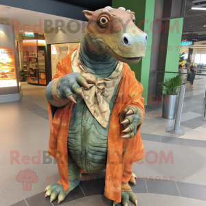 Rust Iguanodon mascot costume character dressed with Jeans and Shawl pins