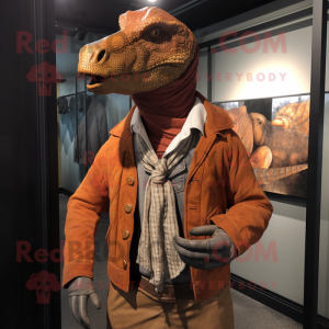 Rust Iguanodon mascot costume character dressed with Jeans and Shawl pins