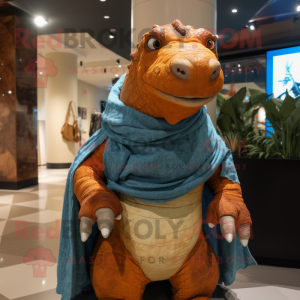 Rust Iguanodon mascot costume character dressed with Jeans and Shawl pins
