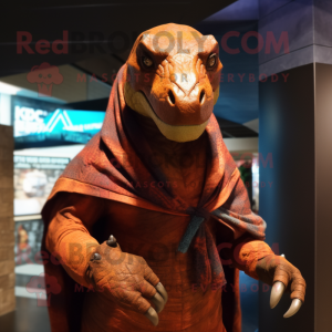 Rust Iguanodon mascot costume character dressed with Jeans and Shawl pins