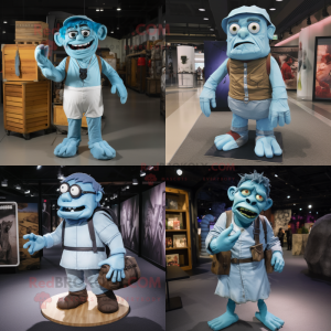 Sky Blue Frankenstein mascot costume character dressed with Cargo Shorts and Wraps