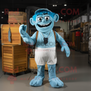 Sky Blue Frankenstein mascot costume character dressed with Cargo Shorts and Wraps