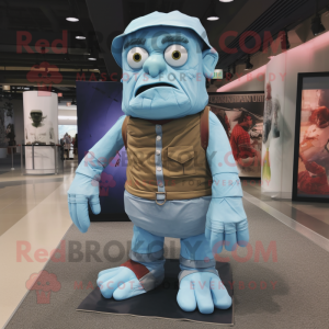 Sky Blue Frankenstein mascot costume character dressed with Cargo Shorts and Wraps