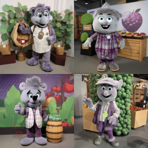 Gray Grape mascot costume character dressed with Flannel Shirt and Coin purses