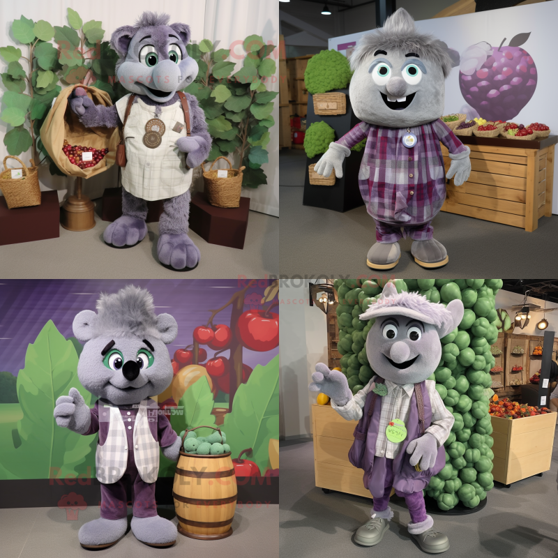 Gray Grape mascot costume character dressed with Flannel Shirt and Coin purses Gray Grape mascot costume character dressed with Flannel Shirt and Coin purses