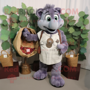Gray Grape mascot costume character dressed with Flannel Shirt and Coin purses