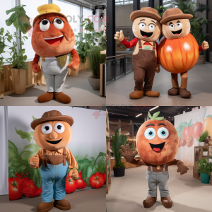 Brown Tomato mascot costume character dressed with Boyfriend Jeans and Suspenders